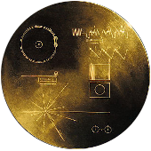 This circular image is a depiction of the gold-plated copper phonograph disc included on the Voyager 1 and 2 spacecraft. Most of the inscriptions on the back of the disc, shown in the image, are marks intended to assist other sentient beings in playing the phonograph messages on the other side. The image resembling the asterisk is intended to identify the location of our solar system as it lies in relation to pulsars in our galaxy. The long line represents a pointer from our sun to the center of the galaxy. Public Domain Image of Voyager message disc.